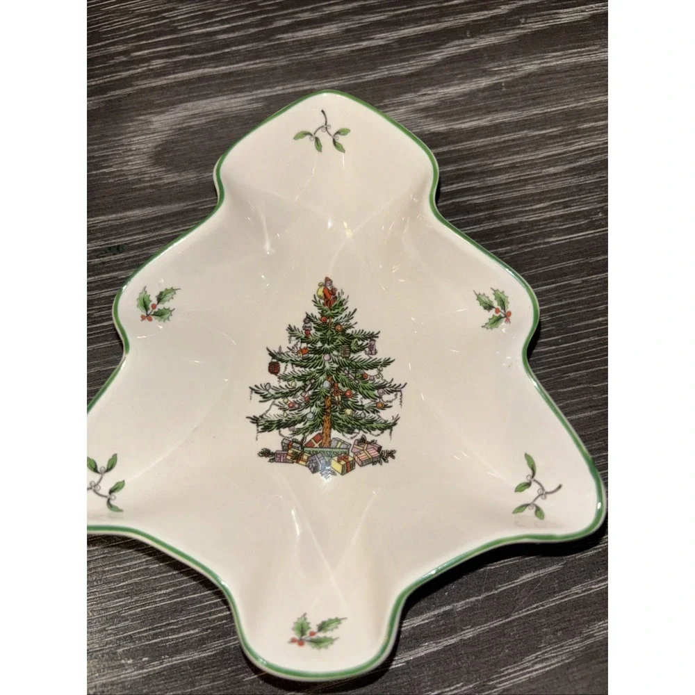 VTG Spode England Christmas Tree Shaped Scalloped Candy Dish S3324-A17Green Trim